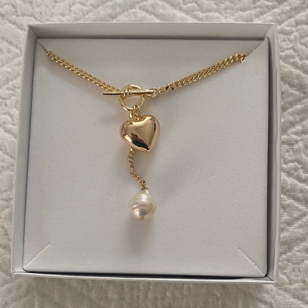 Gold Heart Charm Necklace with Pearl Accent